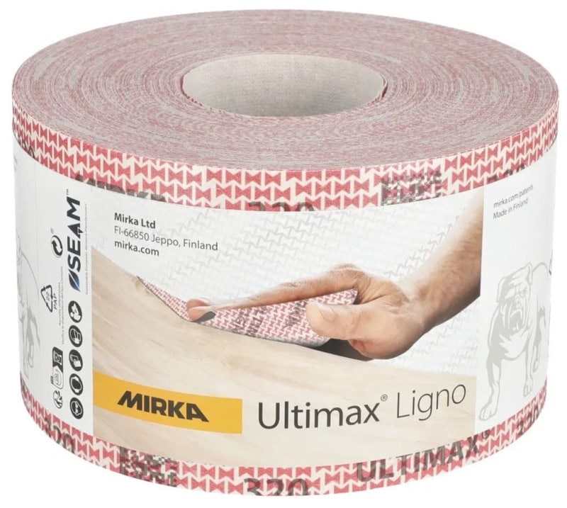 Preview: Mirka® Ultimax® Ligno Schleifrolle UL67200112, 115 mm x 50 m, P120, Ungelocht, Kletthaftend, Latex Papierschleifrollen mit Keramik- & Aluminiumkorn, Ideal für Holzschleifarbeiten