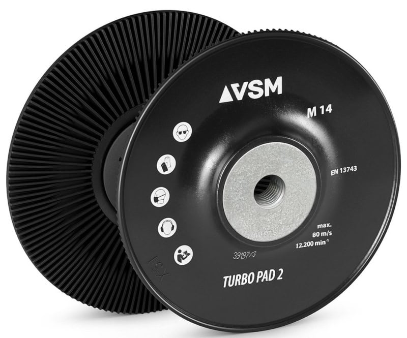 Preview: VSM TURBO PAD 2 767210, Ø 115 mm, M14 Gewinde, Schwarz, Hart, Bombiert, Stützteller mit Kühlrippen für Fiberscheibenscheiben mit Ø 22 mm Zentrieransatz für den VSM Winkelschleifer