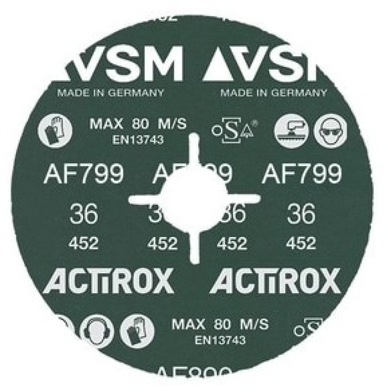 Preview: VSM ACTIROX AF799 787863, Ø 125 mm x ø 22,23 mm, P36, 4-fach Schlitz Ausführung (S1E), 12.200 U./Min., Fiberscheibe mit Präzisions-Keramikkorn für Baustahl und Aluminium