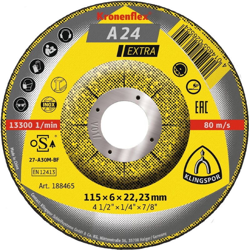 Preview: KLINGSPOR Kronenflex® A 24 Extra Trennscheibe 188461, Ø 115 mm x 2,5 mm x 22 mm, P36, A, 13.300 U./Min., Typ 27 Gekröpft, Aluminiumkorn, Für Metalluniversal