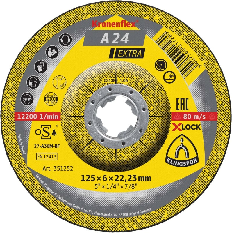 Preview: KLINGSPOR Kronenflex® A 24 Extra Trennscheibe 351255, Ø 115 mm x 2,5 mm x 22 mm, P36, A, 13.300 U./Min., X-Lock, Typ 41 Gerade, Aluminiumkorn, Für Metalluniversal