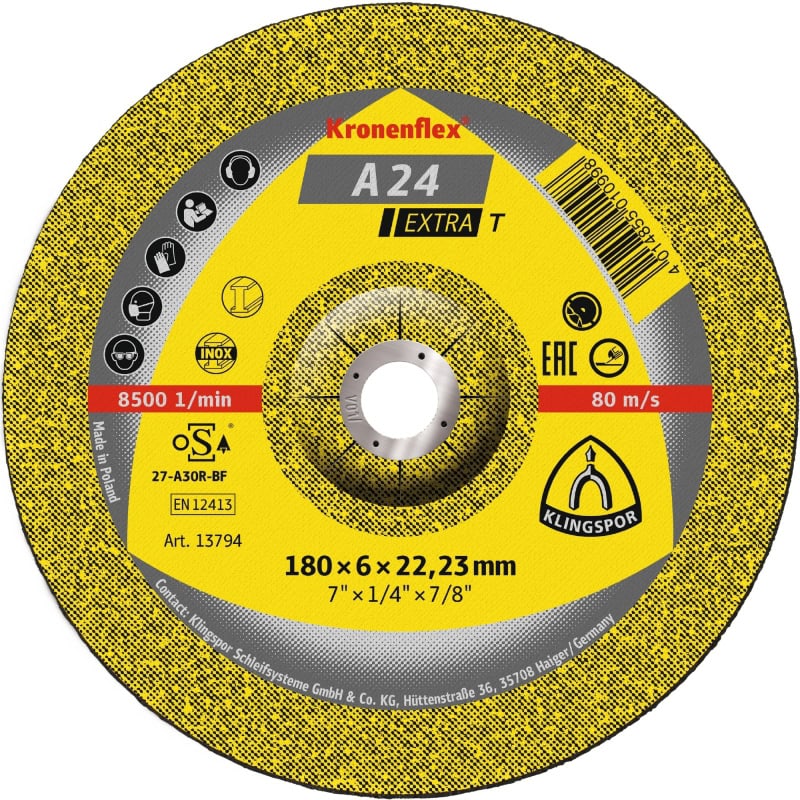 Preview: KLINGSPOR Kronenflex® A 24 Extra T Schruppscheibe 13794, Ø 180 mm x 6 mm x 22 mm, P36, A, 8.500 U./Min., Typ 27 Gekröpft, Aluminiumkorn, Für Stahl, Edelstahl, Guss & universal Metallanwendungen