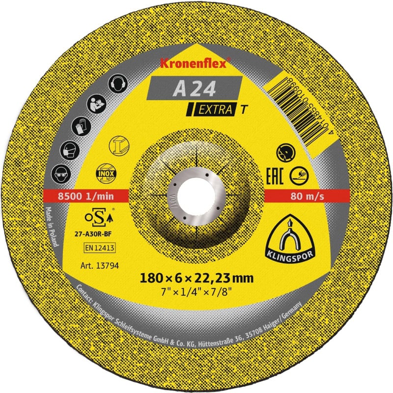 Preview: KLINGSPOR Kronenflex® A 24 Extra Trennscheibe 13490, Ø 180 mm x 3 mm x 22 mm, P36, A, 8.500 U./Min., Typ 27 Gekröpft, Aluminiumkorn, Für Metalluniversal