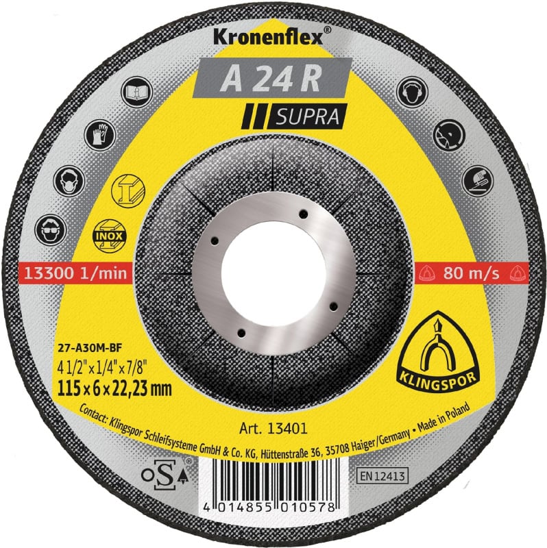 Preview: KLINGSPOR Kronenflex® A 24 R Supra Trennscheibe 13297, Ø 115 mm x 2,5 mm x 22 mm, P36, A, 13.300 U./Min., Typ 41 Gerade, Aluminiumkorn, Für Stahl und Edelstahl