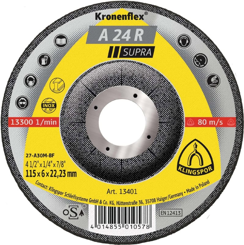 Preview: KLINGSPOR Kronenflex® A 24 R Supra Trennscheibe 13466, Ø 115 mm x 2,5 mm x 22 mm, P36, A, 13.300 U./Min., Typ 41 Gerade, Aluminiumkorn, Für Stahl und Edelstahl