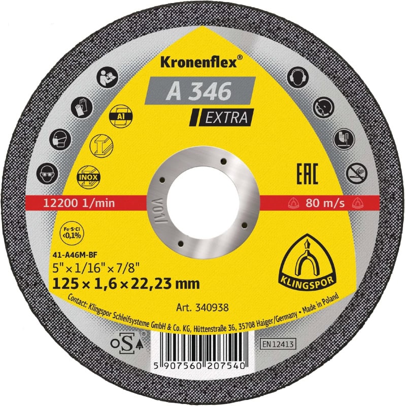 Preview: KLINGSPOR Kronenflex® A 346 Extra 340938, Ø 125 mm x 1,6 mm x 22 mm, P36, A, 12.200 U./Min., Typ 27 Gekröpft, Aluminiumkorn, Für Edelstahl und Stahl