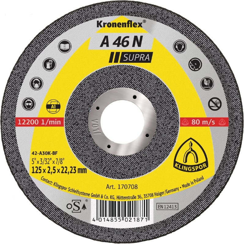 Preview: KLINGSPOR Kronenflex® A 46 N Supra Trennscheibe 170707, Ø 115 mm x 2,5 mm x 22 mm, P36, A, 13.300 U./Min., Typ 41 Gerade, Aluminiumkorn, Für Aluminium