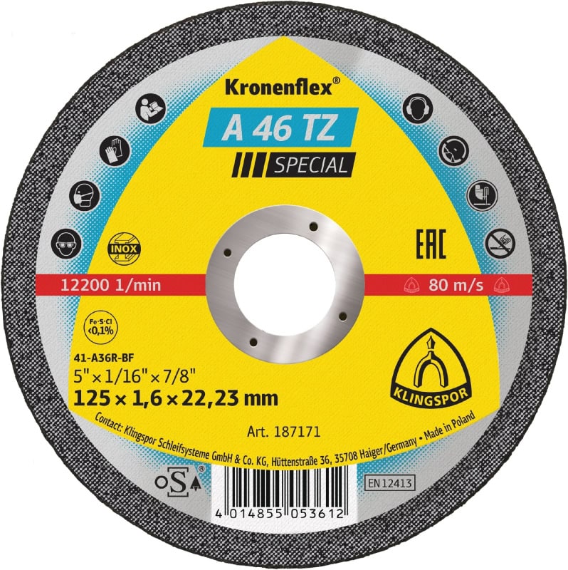 Preview: KLINGSPOR Kronenflex® A 46 TZ Special Trennscheibe 187171, Ø 125 mm x 1,6 mm x 22 mm, P36, A, 12.200 U./Min., Typ 41 Gerade, Aluminiumkorn, Für Edelstahl und Stahl