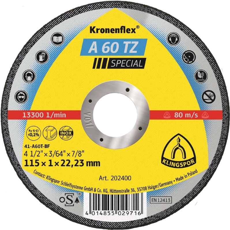 Preview: KLINGSPOR Kronenflex® A 60 TZ Special Trennscheibe 202402, Ø 100 mm x 1 mm, ø 16 mm, P60, A, 15.300 U./Min., Typ 41 Gerade, Aluminiumkorn, Für Edelstahl und Stahl