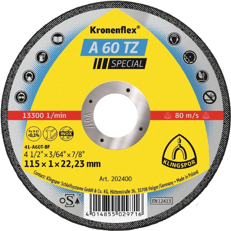 Preview: KLINGSPOR Kronenflex® A 60 TZ Special Trennscheibe 202402, Ø 115 mm x 1 mm, ø 22 mm, P60, A, 13.300 U./Min., Typ 41 Gerade, Aluminiumkorn, Für Edelstahl und Stahl