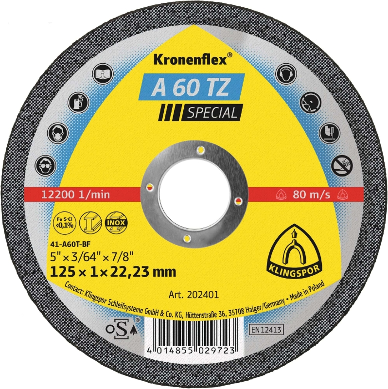 Preview: KLINGSPOR Kronenflex® A 60 TZ Special Trennscheiben Aktions Set 734775, Inkl. Werkzeugbox und Schleiffix, Ø 125 mm x 1 mm, ø 22 mm, P60, A, 12.200 U./Min., Typ 41 Gerade, Aluminiumkorn, Für Edelstahl und Stahl