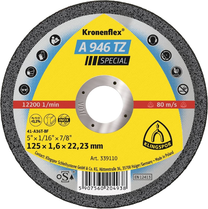 Preview: KLINGSPOR Kronenflex® A 946 TZ Special Trennscheibe 339109, Ø 115 mm x 1,6 mm x 22 mm, P36, A, 13.300 U./Min., Typ 41 Gerade, Aluminiumkorn, Für Edelstahl und Stahl