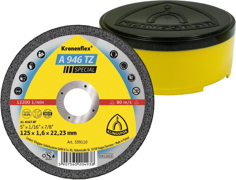 Preview: KLINGSPOR Kronenflex® A 946 TZ Special Trennscheibe 339110, Ø 125 mm x 1,6 mm x 22 mm, P36, A, 12.200 U./Min., Typ 41 Gerade, Aluminiumkorn, Für Edelstahl und Stahl