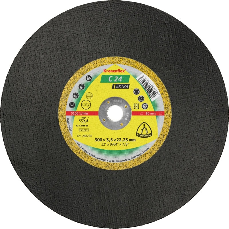 Preview: KLINGSPOR Kronenflex® C 24 Extra Grosstrennscheibe 288224, Ø 300 mm x 3,5 mm x 22 mm, P36, S, 5.100 U./Min., Typ 41 Gerade, Siliziumkorn, Für Stein und Beton