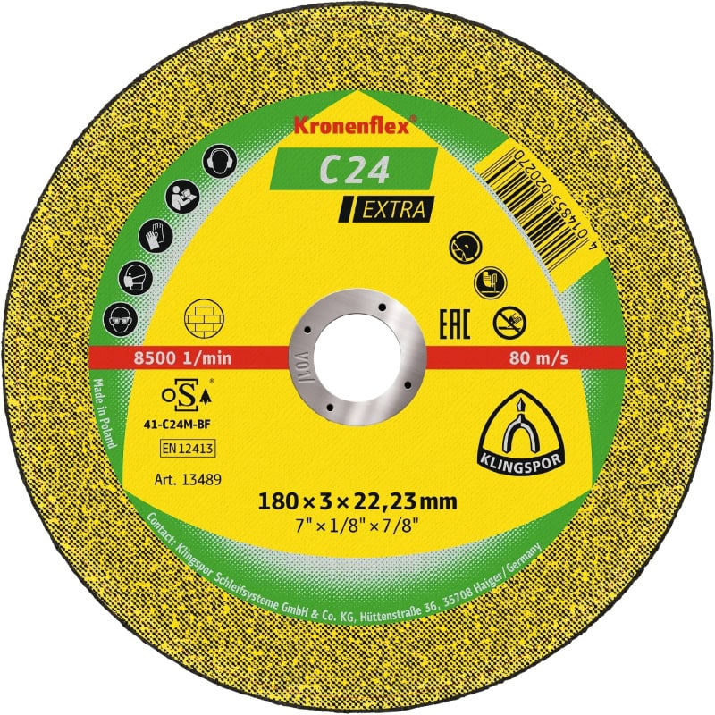 Preview: KLINGSPOR Kronenflex® C 24 Extra Trennscheibe 13489, Ø 180 mm x 3 mm x 22 mm, P36, S, 12.200 U./Min., Typ 41 Gerade, Siliziumkorn, Für Stein und Beton