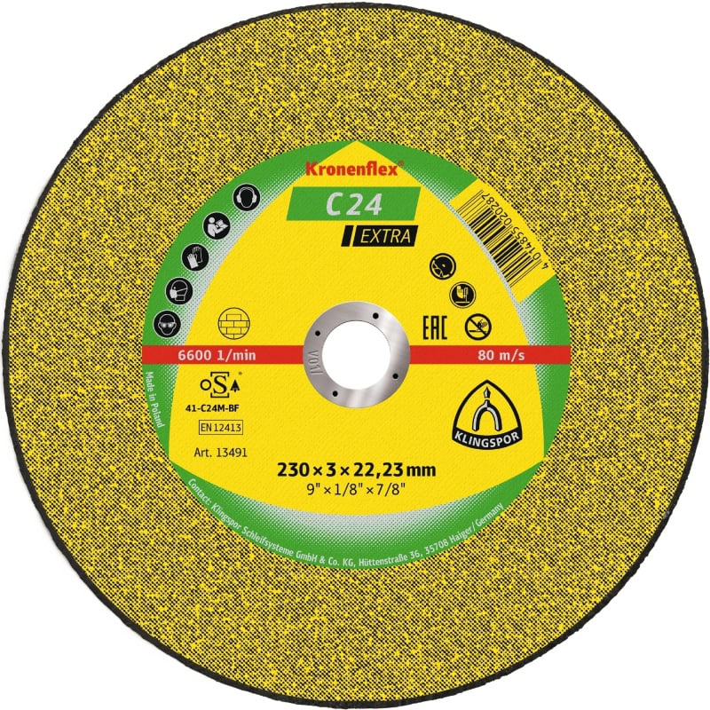 Preview: KLINGSPOR Kronenflex® C 24 Extra Trennscheibe 189003, Ø 230 mm x 3 mm x 22 mm, P36, S, 6.600 U./Min., Typ 27 Gekröpft, Siliziumkorn, Für Stein und Beton