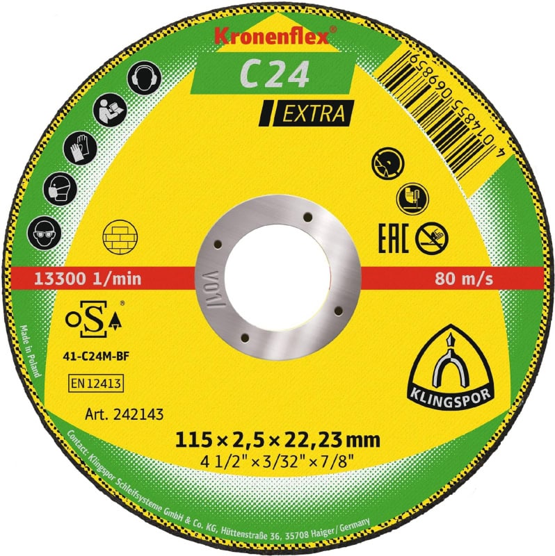 Preview: KLINGSPOR Kronenflex® C 24 Extra Trennscheibe 188462, Ø 115 mm x 2,5 mm x 22 mm, P36, S, 13.300 U./Min., Typ 27 Gekröpft, Siliziumkorn, Für Stein und Beton