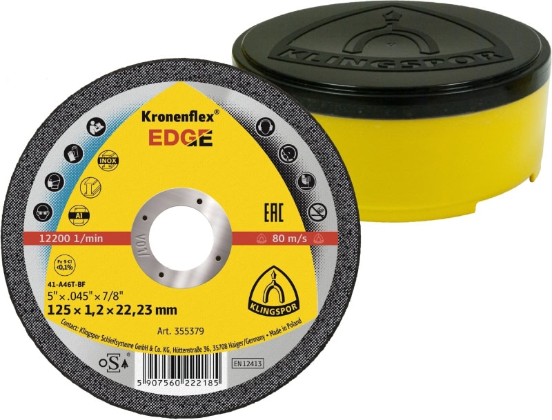 Preview: KLINGSPOR Kronenflex® EDGE Special 355379, Ø 125 mm x 1,2 mm x 22 mm, P60, A, 12.200 U./Min., Typ 27 Gerade, Aluminiumkorn, Für Edelstahl, Stahl und Aluminium