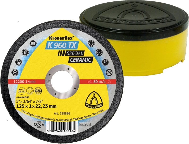 Preview: KLINGSPOR Kronenflex® K 960 TX Special Trennscheibe 328885, Ø 115 mm x 1 mm x 22 mm, P60, K, 13.300 U./Min., Typ 41 Gerade, Keramikkorn, Für Edelstahl, Stahl und Titan