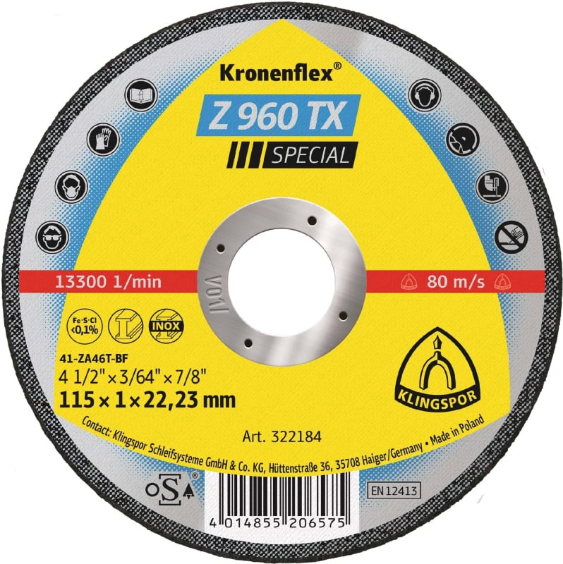 Preview: KLINGSPOR Kronenflex® Z 960 TX Special Trennscheibe 322184, Ø 115 mm x 1 mm x 22 mm, P60, Z, 13.300 U./Min., Typ 41 Gerade, Zirkonkorund, Für Edelstahl, Legierungen und Kohlenstoffstahl