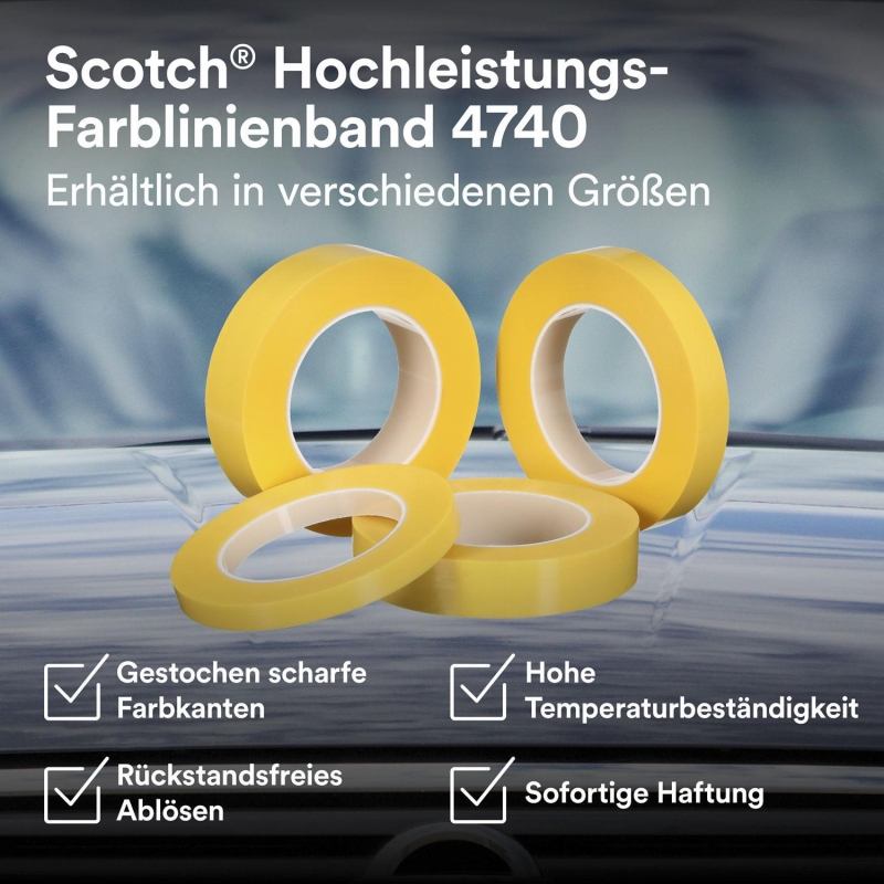 Preview: 3M™ Scotch® Farblinienband 4740, 12 mm x 50 m, 0,13 mm, Gelb, Anpassungsfähig, PVC frei, Für absolut perfekt scharfe Farblinien in der Automobilindustrie