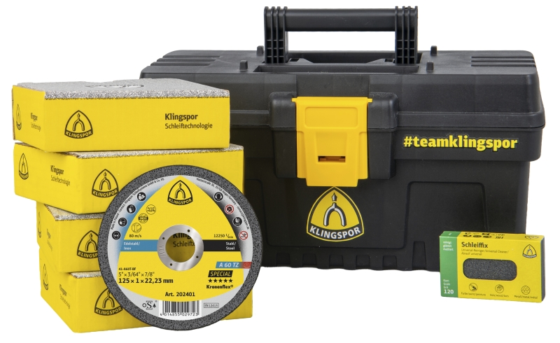 Preview: KLINGSPOR Kronenflex® A 60 TZ Special Trennscheiben Aktions Set 734775, Inkl. Werkzeugbox und Schleiffix, Ø 125 mm x 1 mm, ø 22 mm, P60, A, 12.200 U./Min., Typ 41 Gerade, Aluminiumkorn, Für Edelstahl und Stahl
