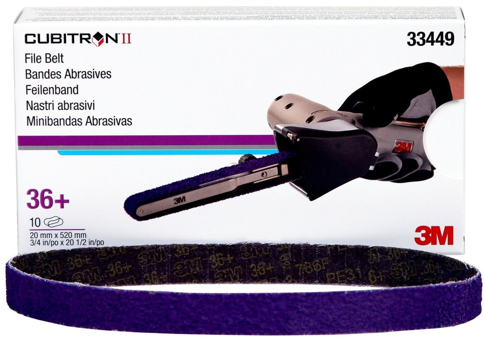 3M™ Cubitron™ II 786F 33449, 20 mm x 520 mm, 36+, YF-Polyester, Universal Schleifband mit Präzisions-Keramikkorn