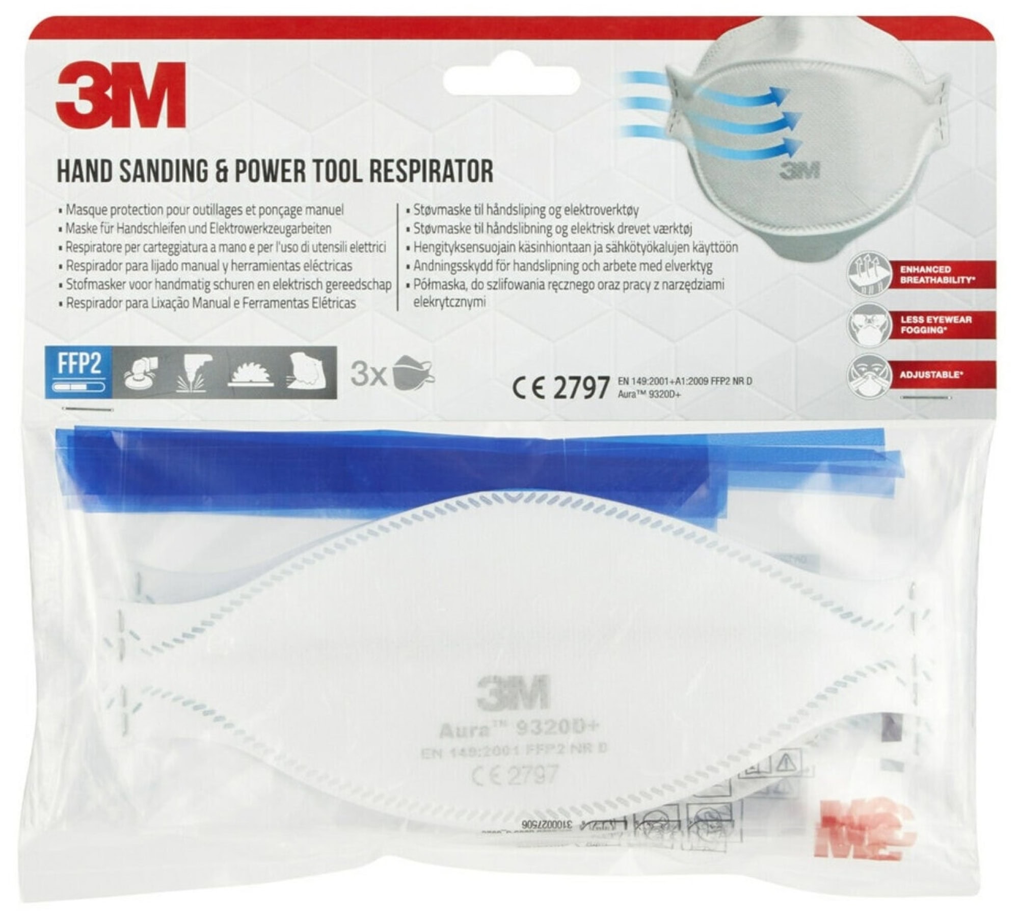 3M™ Aura™ Atemschutzmaske 9320PRO5 FFP2 NR D, Einzelhandelsvariante, Hygienisch einzelverpackt, 3 Stück pro Packung, Pandemiemaske