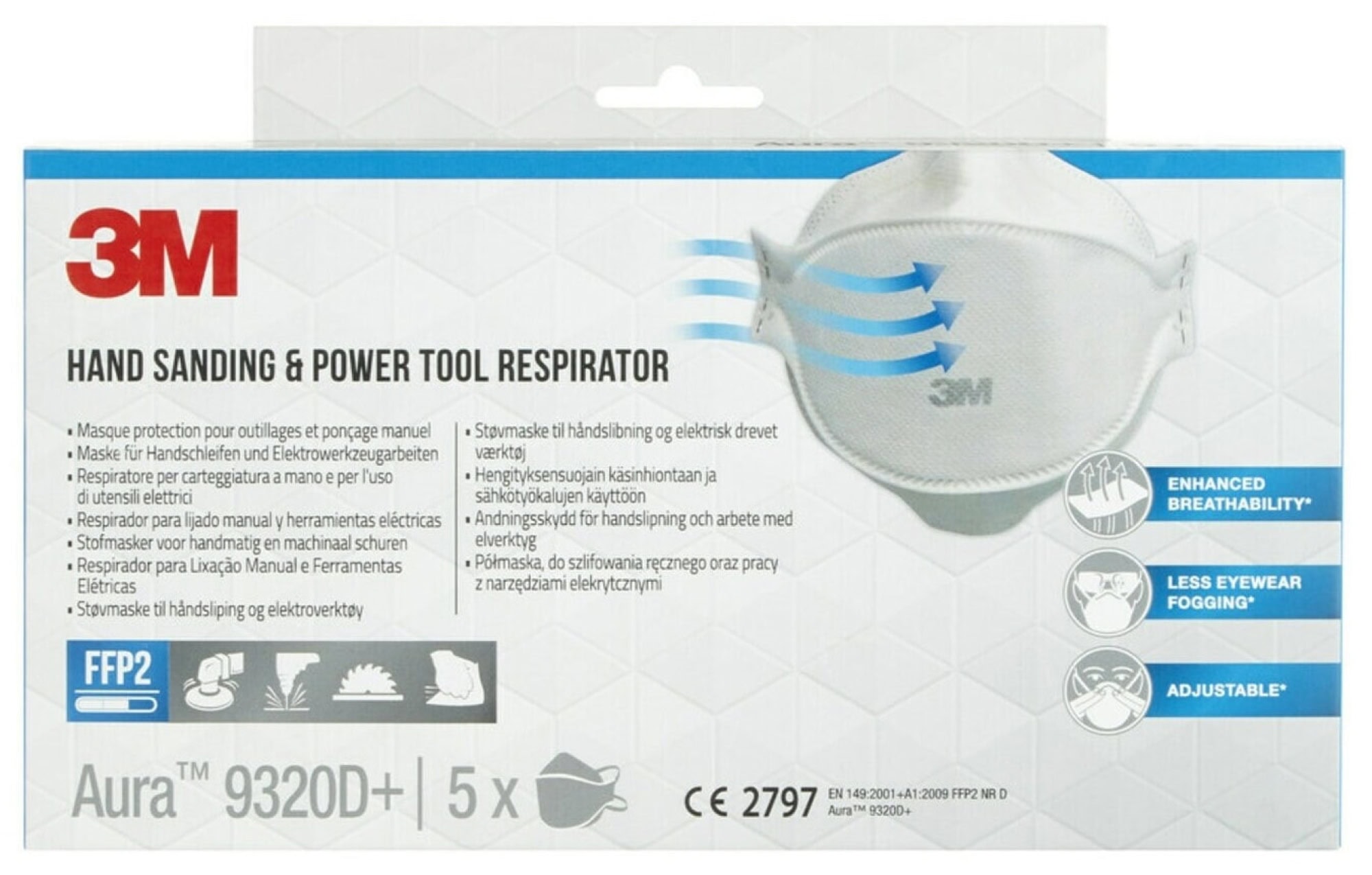 3M™ Aura™ Atemschutzmaske 9320PRO5 FFP2 NR D, Einzelhandelsvariante, Hygienisch einzelverpackt, 5 Stück pro Packung, Pandemiemaske