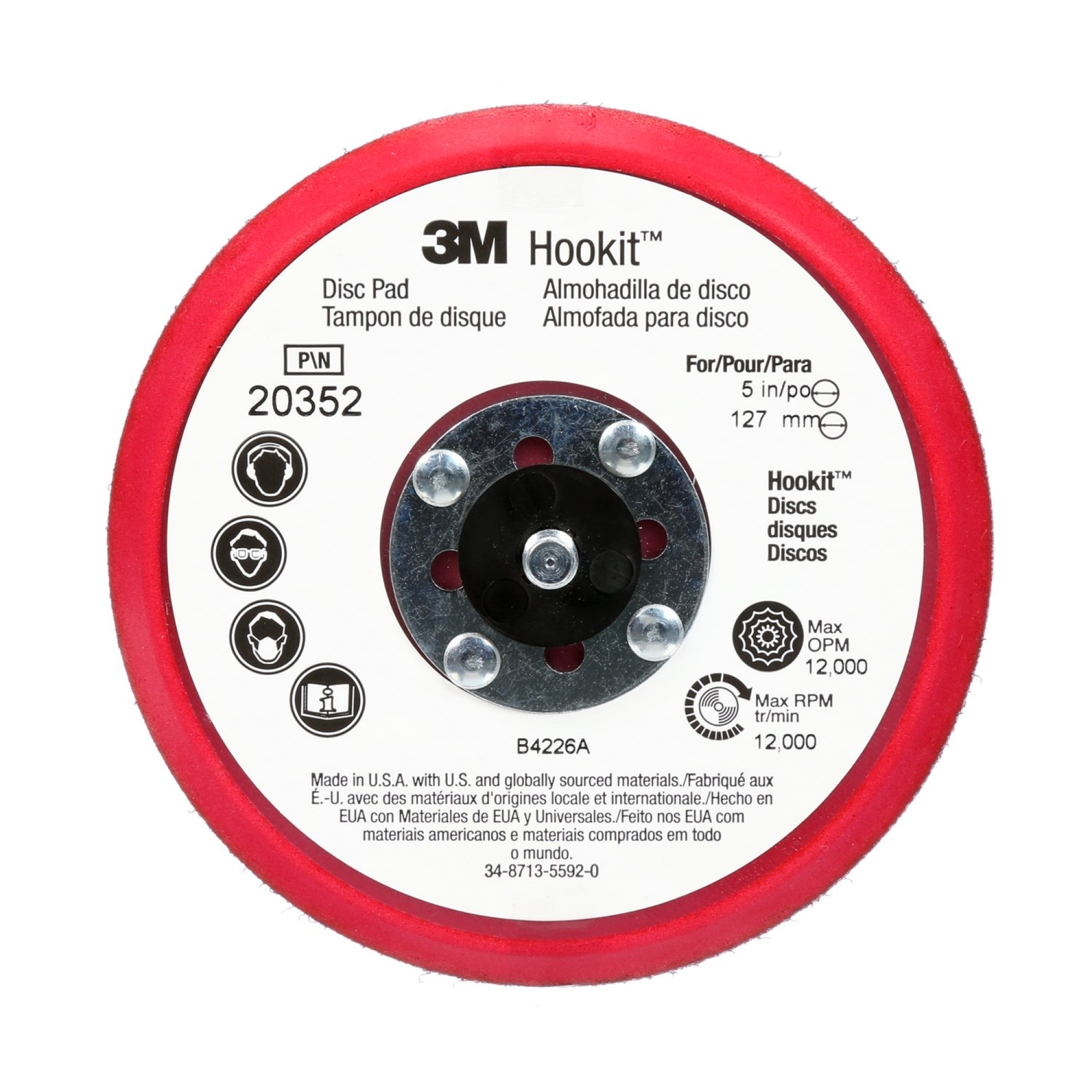 3M™ Hookit™ 20352, Ø 125 mm x 9,5 mm x 7,9 mm Stützteller mit Low Profile, Ungelocht in Rot, zur Aufnahme von kletthaftenden und selbstklebenden Schleifscheiben für den 3M™ Exzenterschleifer