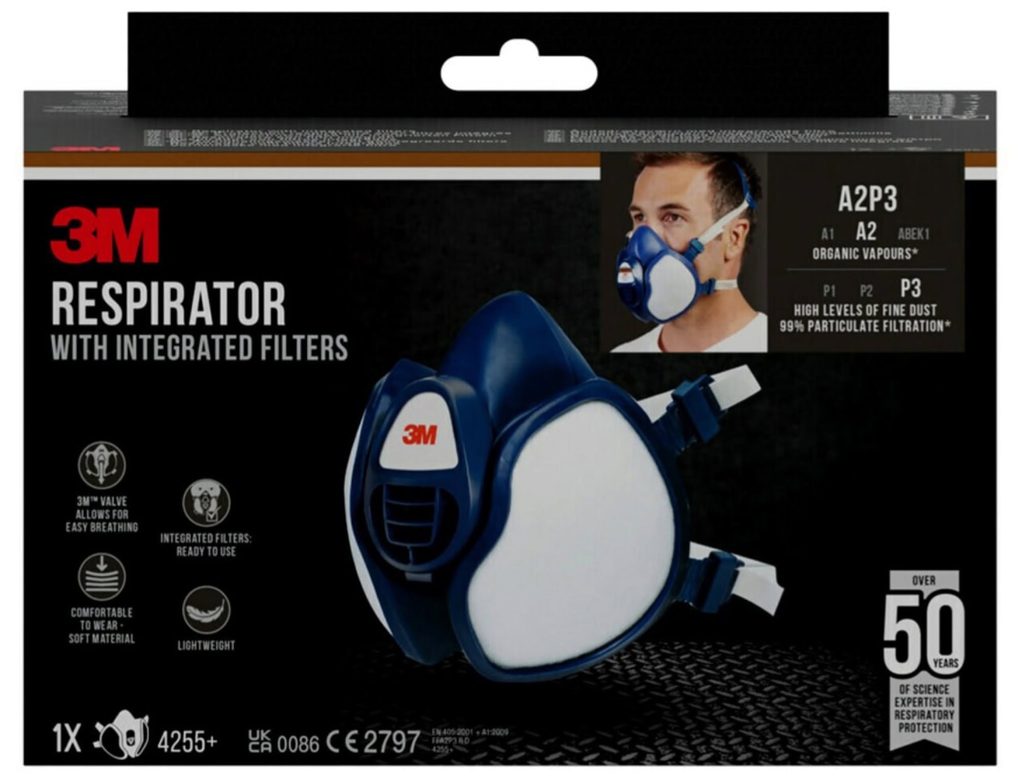 3M™ 4255-1, Komplett Halbmaske 4255+, FFA2P3 R D, Wartungsfrei & Gebrauchsfertig, Einzelhandels Packung mit EAN Label
