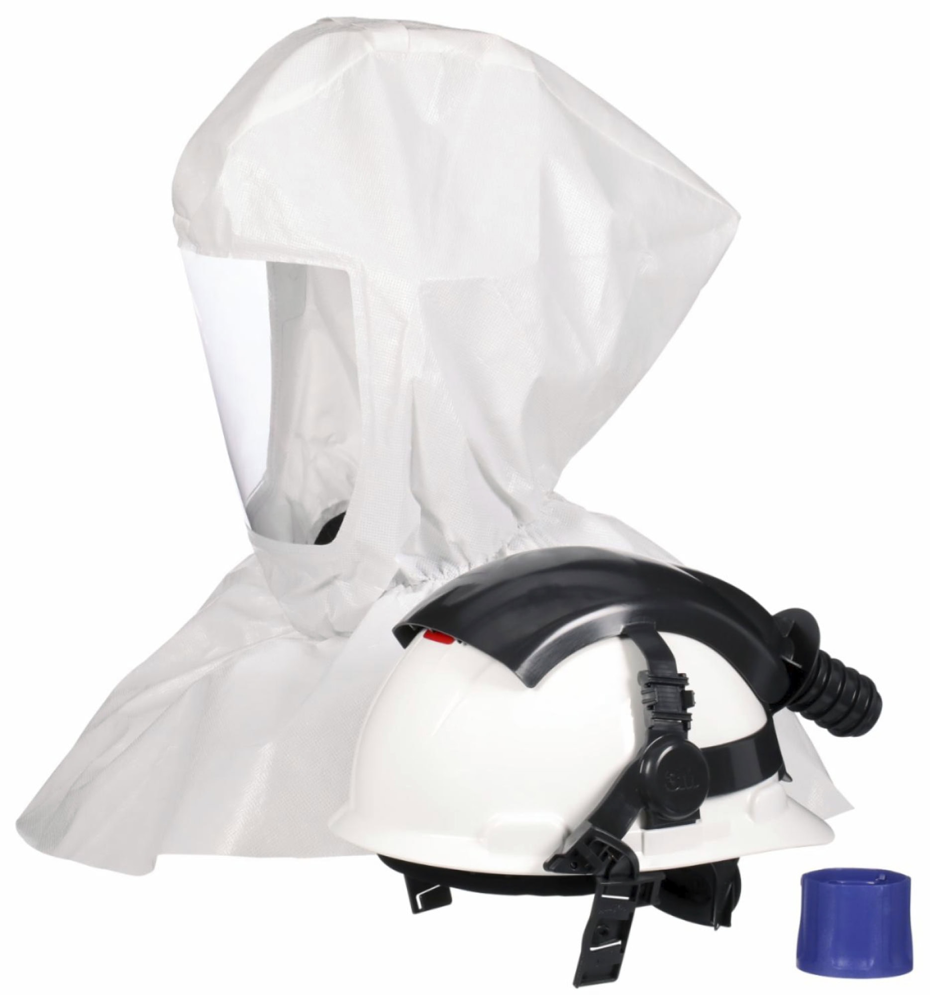 3M™ Versaflo™ Kombi Haube mit Helm S-665, Haube (PP), Visier (PETG), TH3, Weiß, Premium Mehrweg-Leichthaube S-605 + G3000 Helm mit Adapter, Starterpaket inkl. Kopfhalterung & textiler Halsabdichtung