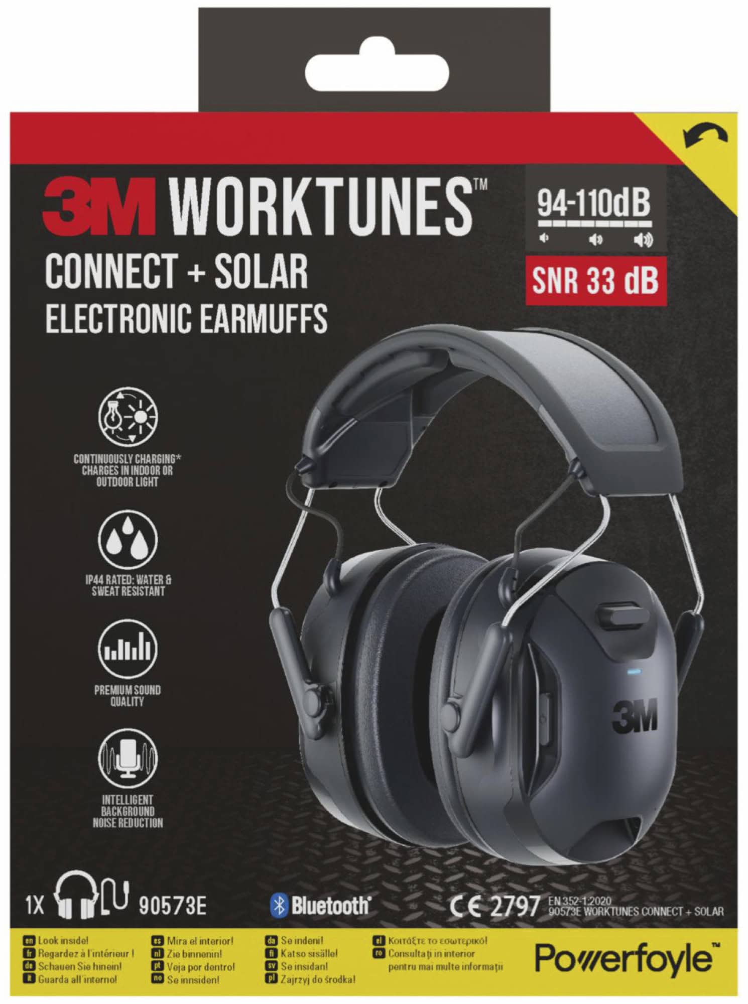 3M™ PELTOR™ WorkTunes™ Connect & Solar Kommunikations Kapselgehörschutz mit Bluetooth® 90573E-1, SNR = 33 dB, Für laute Umgebungen und zum streamen von Telefonaten, Musik und Podcasts, Schwarz, Kabellos, Integriertes Mikrofon, Solar, Bluetooth®