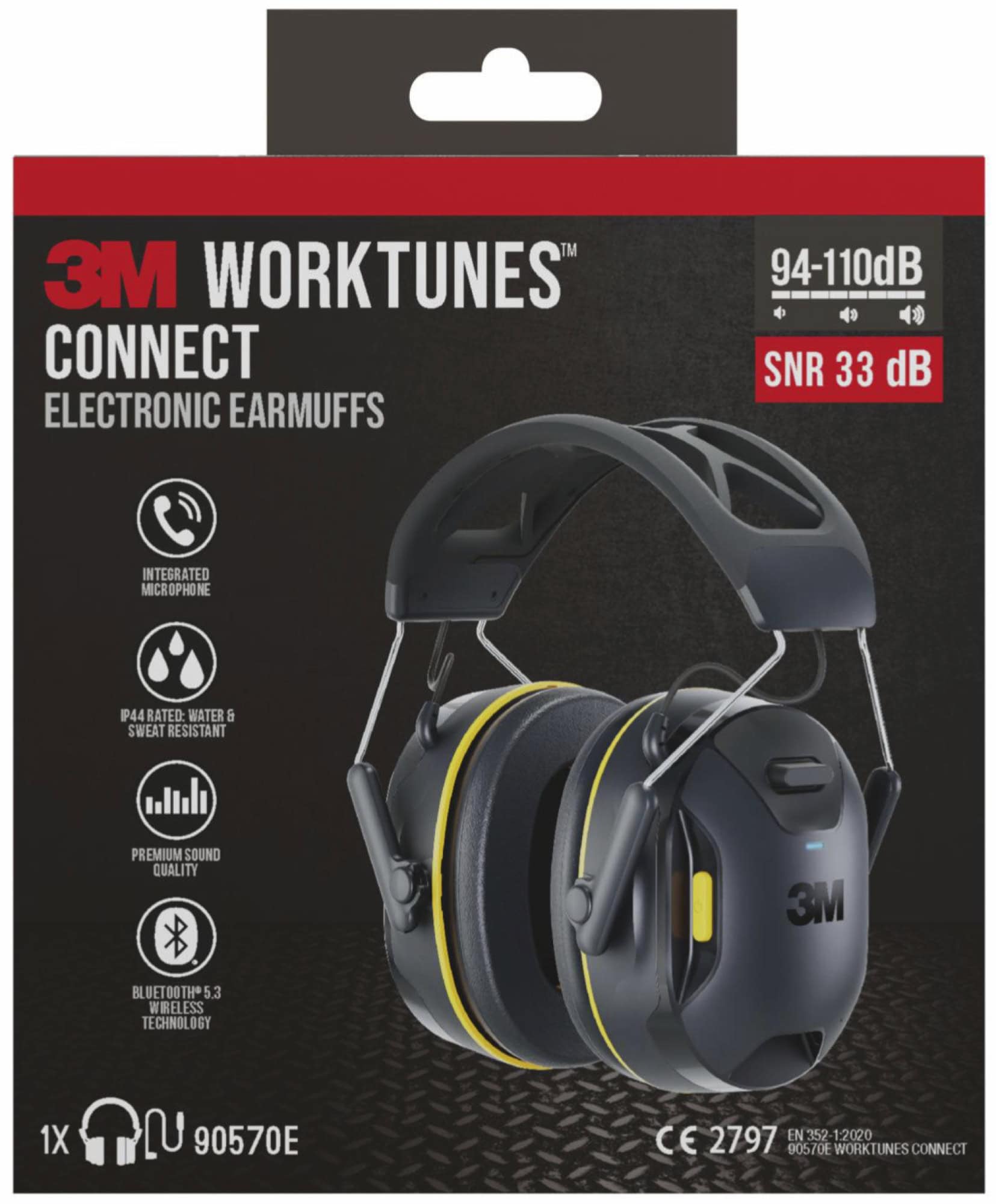 3M™ PELTOR™ WorkTunes™ Connect Kommunikations Kapselgehörschutz mit Bluetooth® 90570E-1, SNR = 33 dB, Für laute Umgebungen und zum streamen von Telefonaten, Musik und Podcasts, Schwarz, Kabellos, Integriertes Mikrofon, Bluetooth®