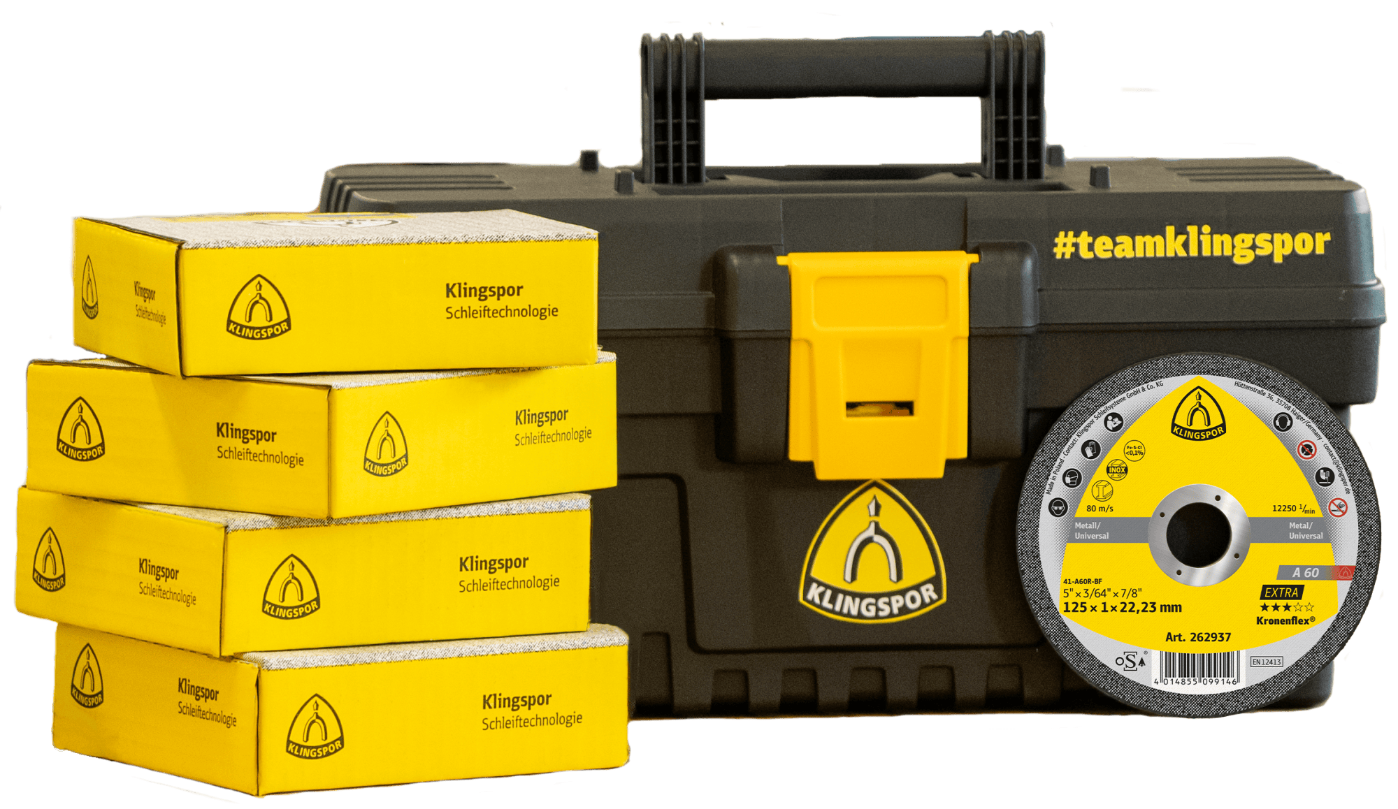 KLINGSPOR Kronenflex® A 60 Extra Trennscheiben Aktionsbox 721938, 100 Stück + Werkzeugbox, Ø 125 mm x 1 mm, ø 22 mm, P36, A, 12.200 U./Min., Typ 41 Gerade, Aluminiumkorn, Universell für alle Metalle