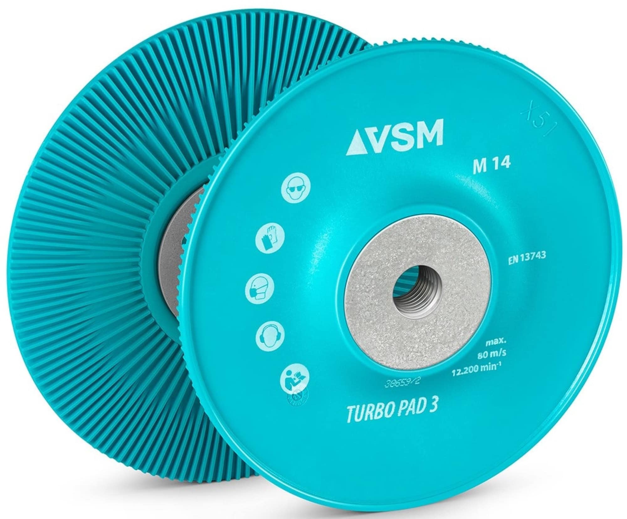 VSM TURBO PAD 3 776386, Ø 125 mm, M14 Gewinde, Blau, Extra Hart, Bombiert, Stützteller mit Kühlrippen für Fiberscheibenscheiben mit Ø 22 mm Zentrieransatz für den VSM Winkelschleifer