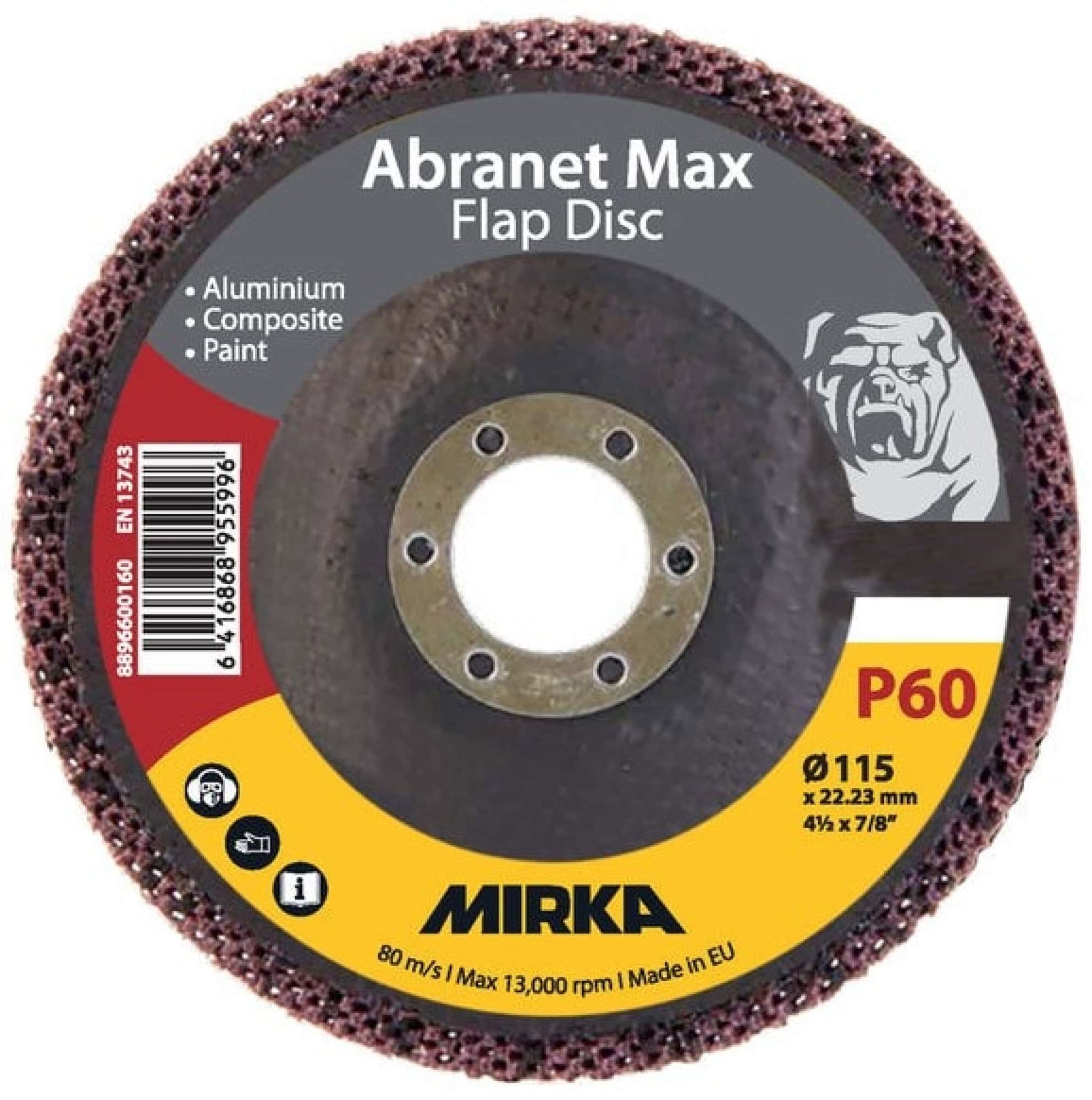 Mirka® Abranet® Max Flap Disc 8896600160, Ø 115 mm x 22 mm, P60, Fächerschleifscheibe mit Aluminiumoxidkorn