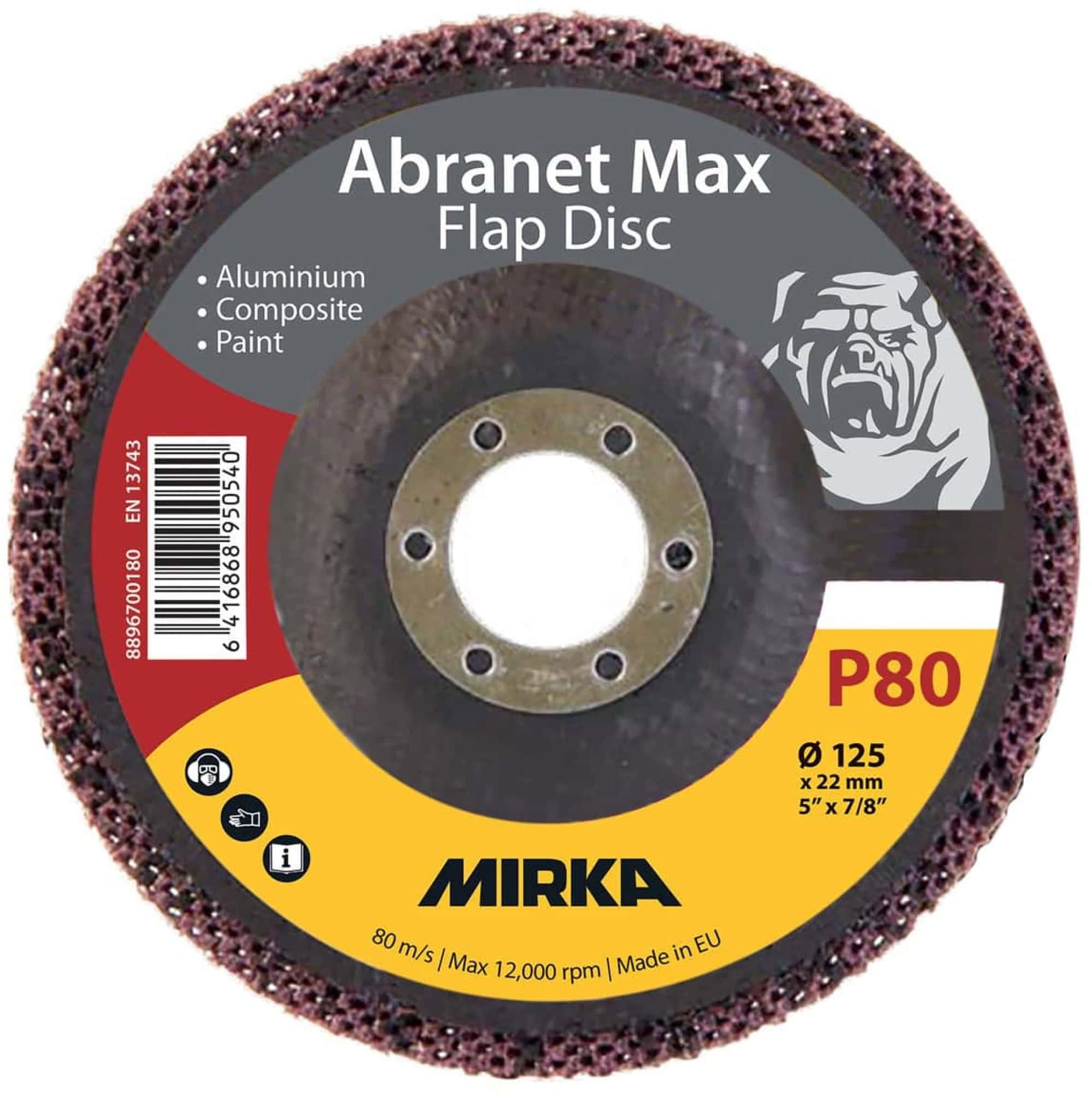 Mirka® Abranet® Max Flap Disc 8896700180, Ø 125 mm x 22 mm, P80, Fächerschleifscheibe mit Aluminiumoxidkorn