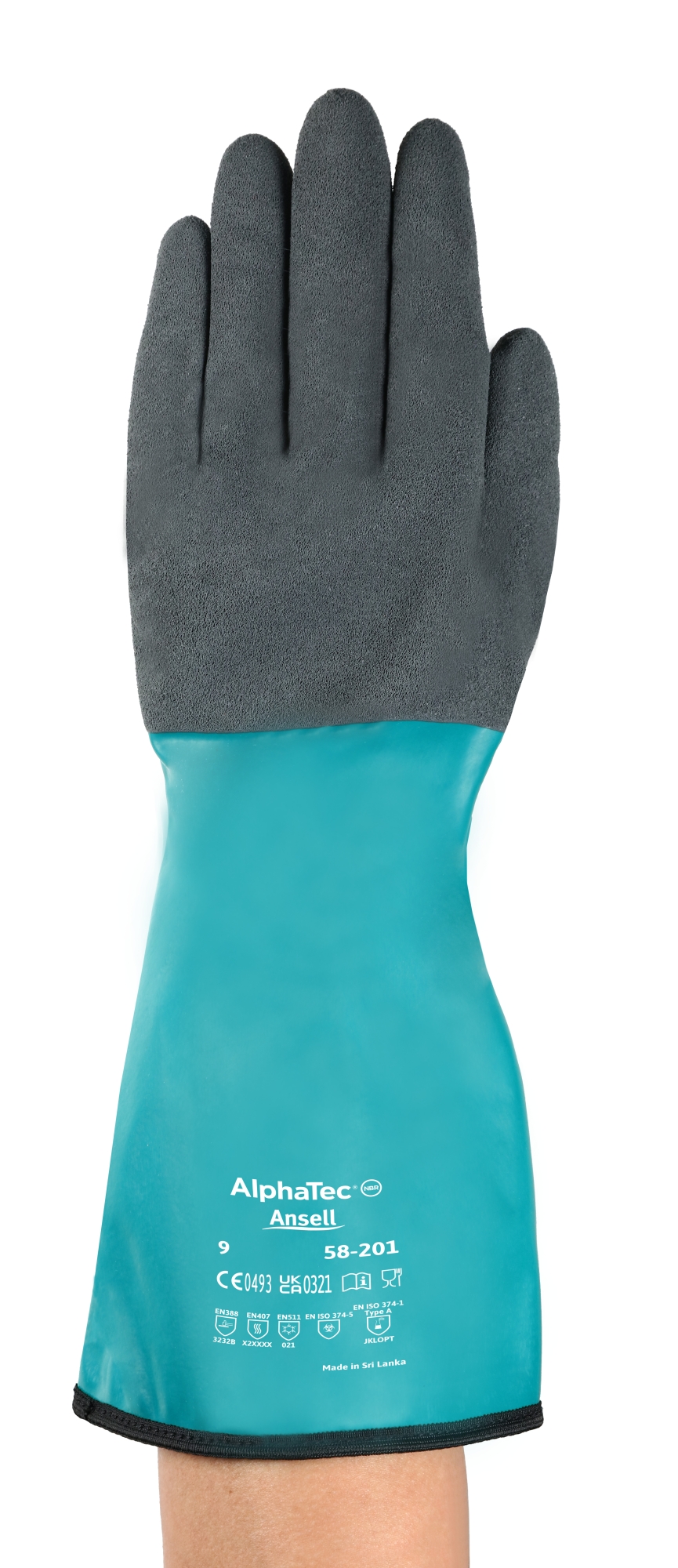 Ansell AlphaTec™ 58-201 Chemikalienschutzhandschuh 58201070, Chemikalienschutzhandschuh für extreme Temperaturen, Größe 7, Grün, 330 mm lang, Mit Ansell Grip™ Technologie