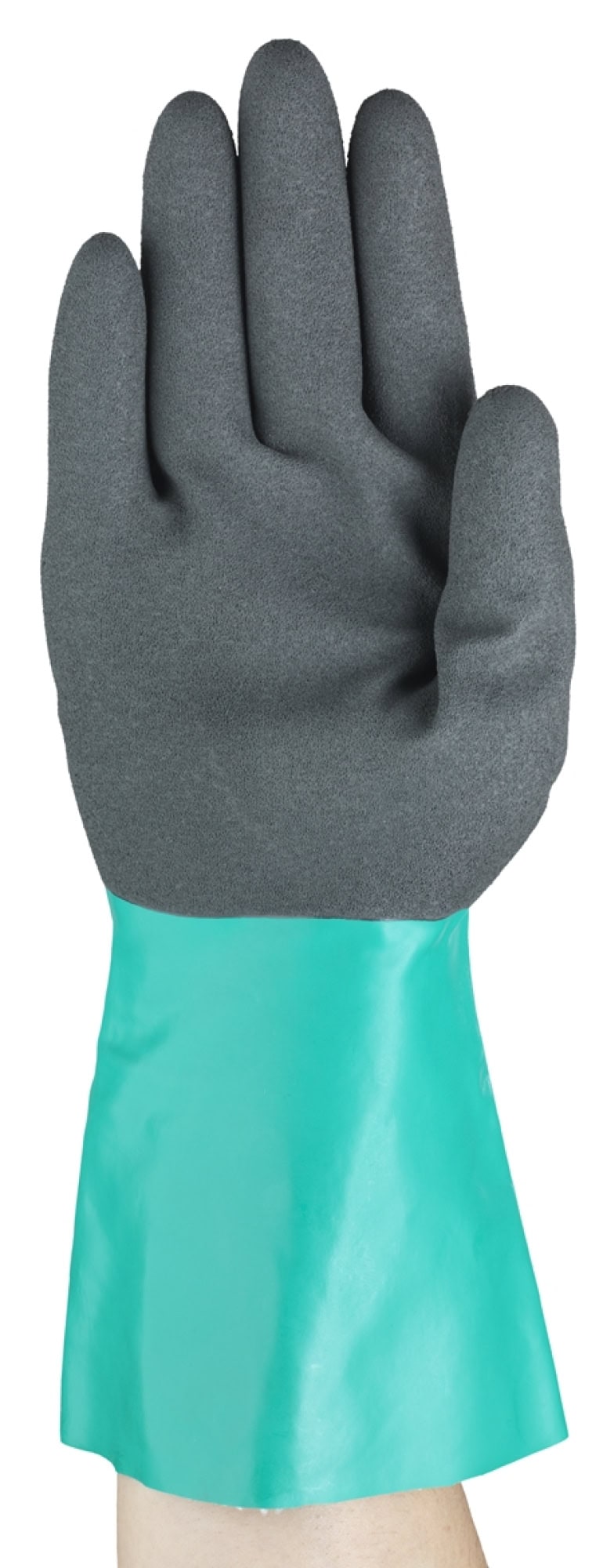 Ansell AlphaTec™ 58-530B Chemikalienschutzhandschuh 58530B070, Für sicheren Griff bei Chemikalien sowie Öl- und Feuchtarbeiten, Größe 7, Grau, 290 mm lang,  Mit Ansell GRIP™ Technologie