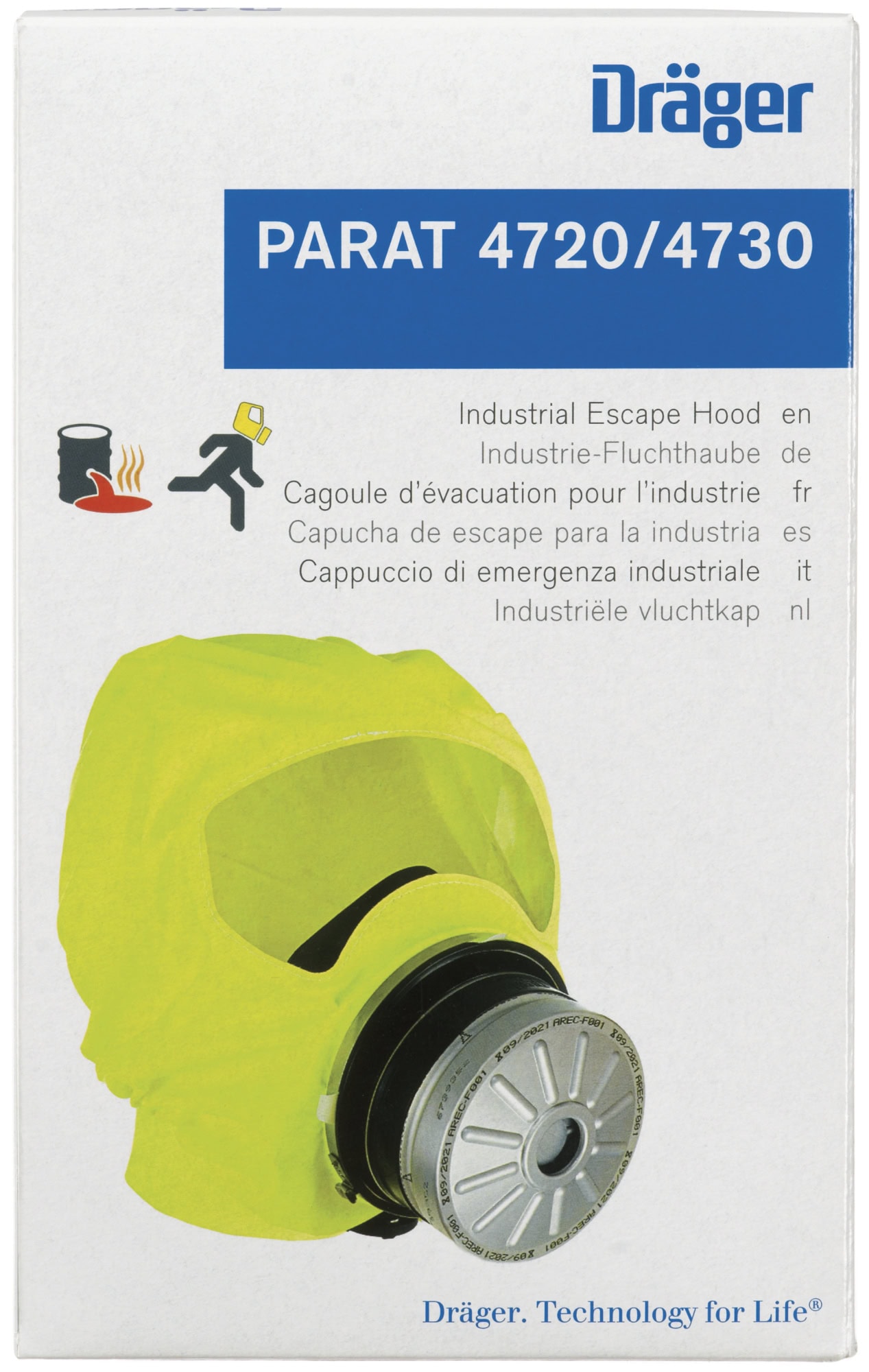 Dräger® PARAT® 4730 Industrie Fluchthaube R59431, ABEK15 P3 Kombi Filter für mind. 15 Min. Schutz, Hard Case, Universalgröße, Fluchthaube zum Schutz gegen toxische Industriegase, Dämpfe und Partikel