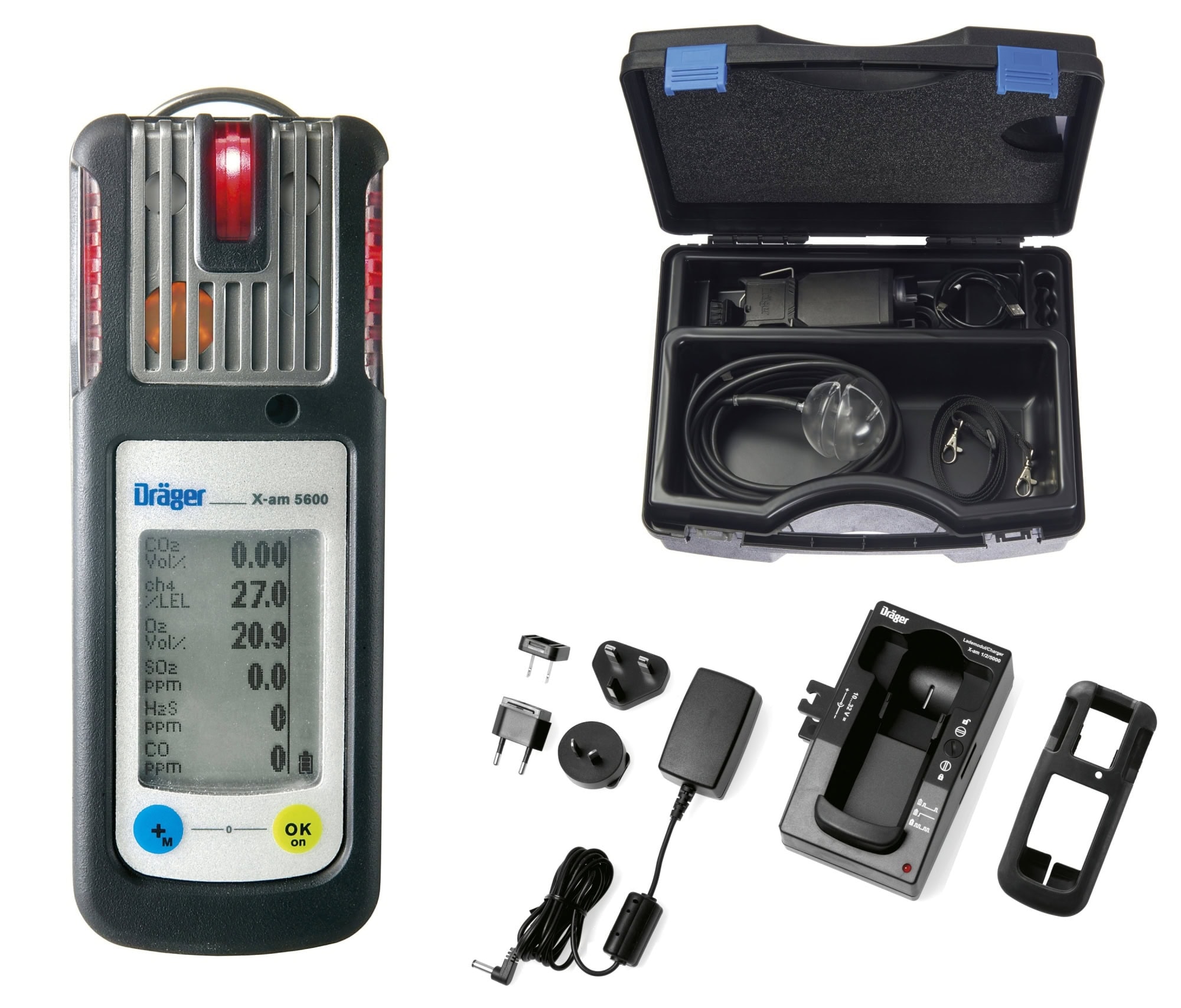Dräger® X-am® 5600 Mehrgasmessgerät Freimessung Set 8326581, Sensoren: Dual-IR EX/CO2, O2, H2S/CO, 1 bis 6 Gase Messgerät, inkl. Ladestation und Pumpen Koffer mit Zubehör, IP 67 Wasserdicht, Ideal für Kanalarbeiten zum Freimessen