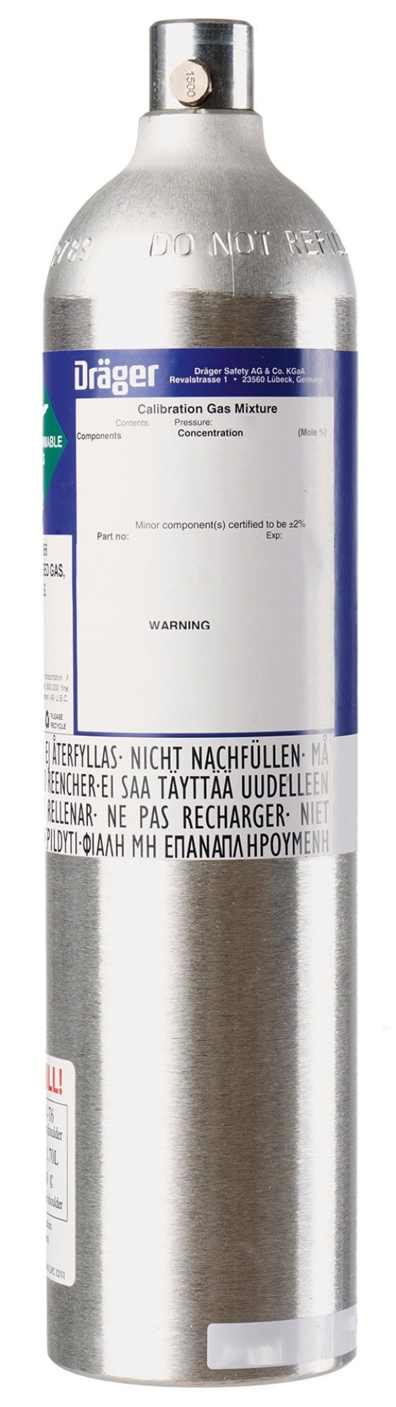 Dräger® Prüfgas 5239084, CO2 / N2 [Kohlenstoffdioxid], 1,5 Vol.-%, 112 Liter, 69 bar, Eingas, Testgaszylinder für Test Stationen für Begasungstests, Funktionskontrolle & Justierung