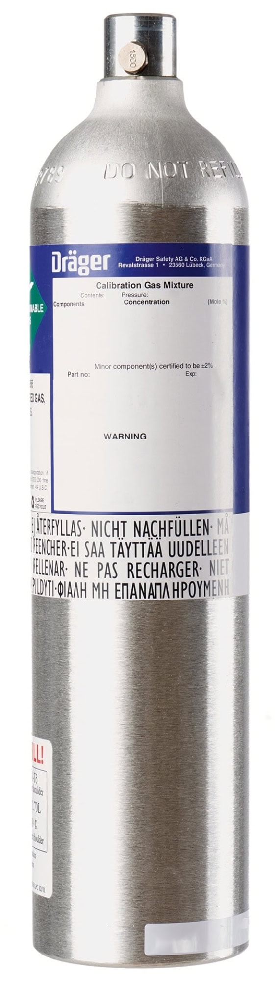 Dräger® Prüfgas 6812106, Cl2 / N2, 10 ppm, 58 Liter, 35 bar, Eingas, Testgaszylinder für Test Stationen für Begasungstests, Funktionskontrolle & Justierung