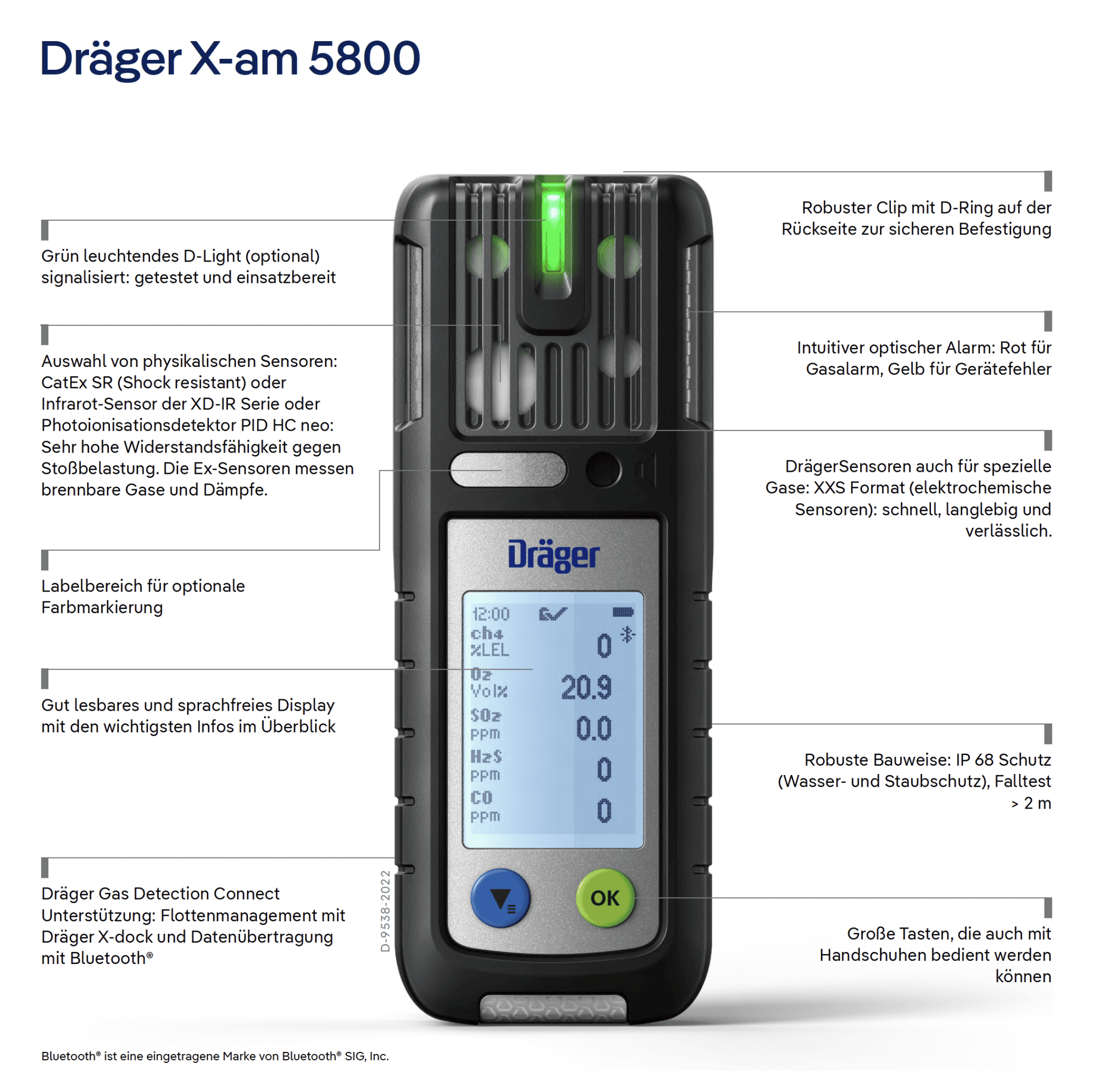 Dräger® X-am® 5800 Mehrgasmessgerät 3703888, Basisversion, Ohne Sensoren, 1 bis 6 Gase Messgerät, IP 68 Staub- & Wasserdicht, Für die persönliche Gasüberwachung im täglichen Einsatz & Freimessung von Kanälen und Schächten