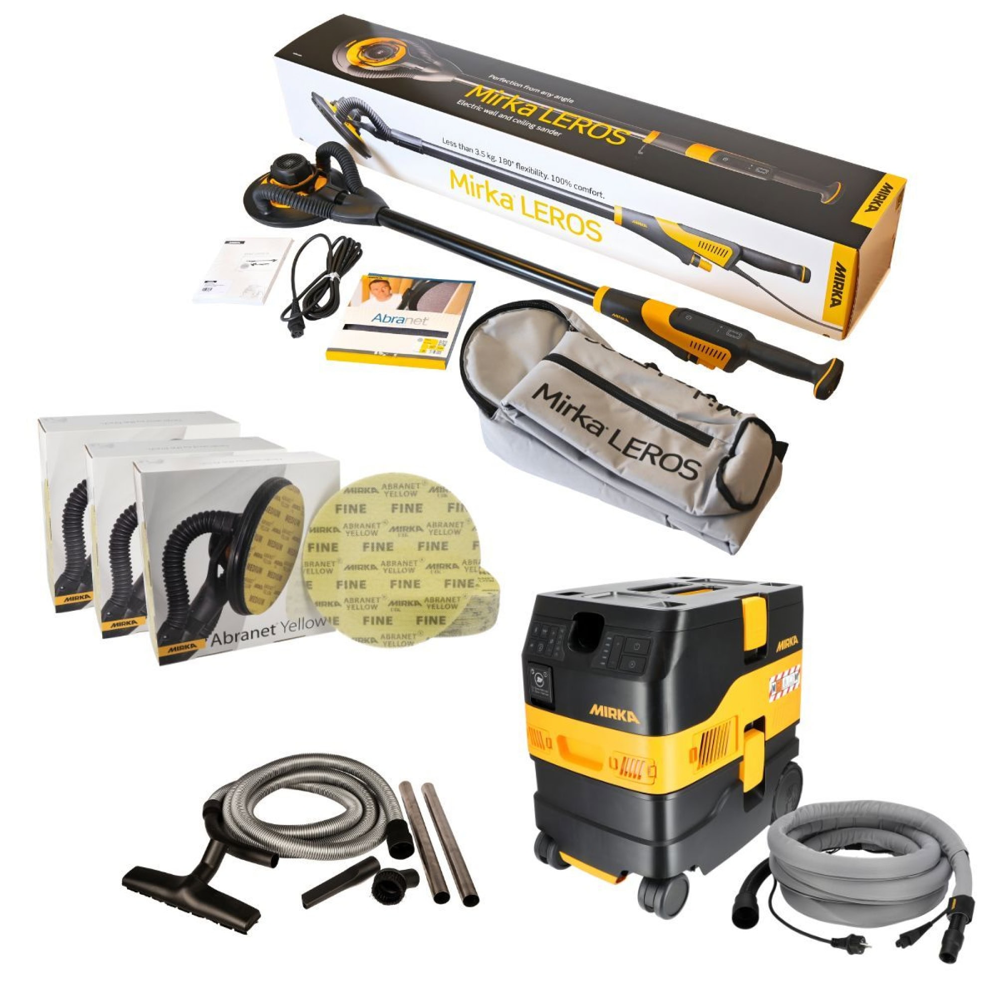 Mirka® LEROS 950CV + DEXOS Wand & Deckenschliff Starter Kit KIT2553CDMDE, Schleifer: Ø 225 mm, 5 mm Schleifhub, Zentralabsaugung, Für absolute Perfektion mit geringsten Aufwand