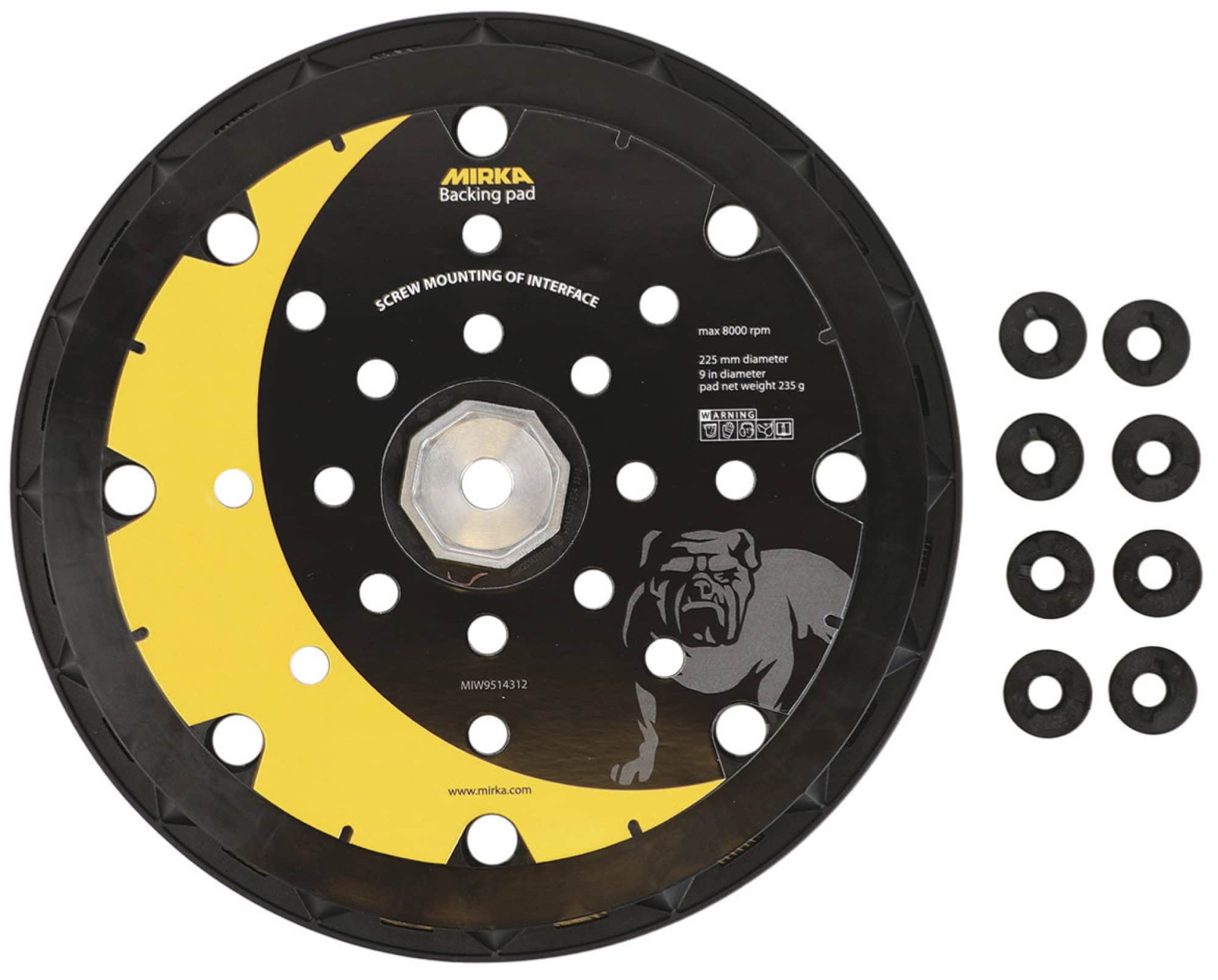 Mirka® MIW9514312, Ø 225 mm, Inkl. 8 Schrauben, Kein Gewinde, Hart, 25 Löcher, Kletthaftend, Schleifteller für Lochsysteme: 25-fach gelochte, Multilochung und Gitternetzscheiben