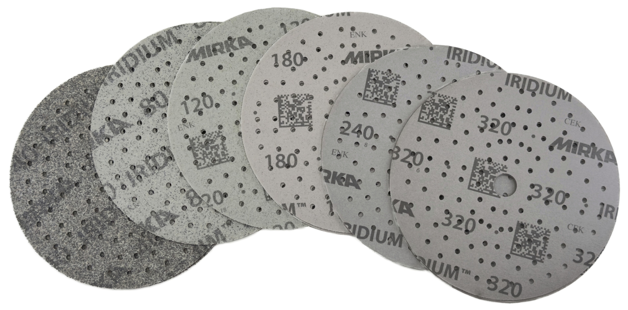 Mirka® Iridium® Schleifscheiben Testkit SEYIRIDIUM150L, Ø 150 mm, 2x P40, P80, P120, P180, P240, P320, Multilochung, Kletthaftend, Schleifscheibe mit Keramik- und Aluminiumkorn