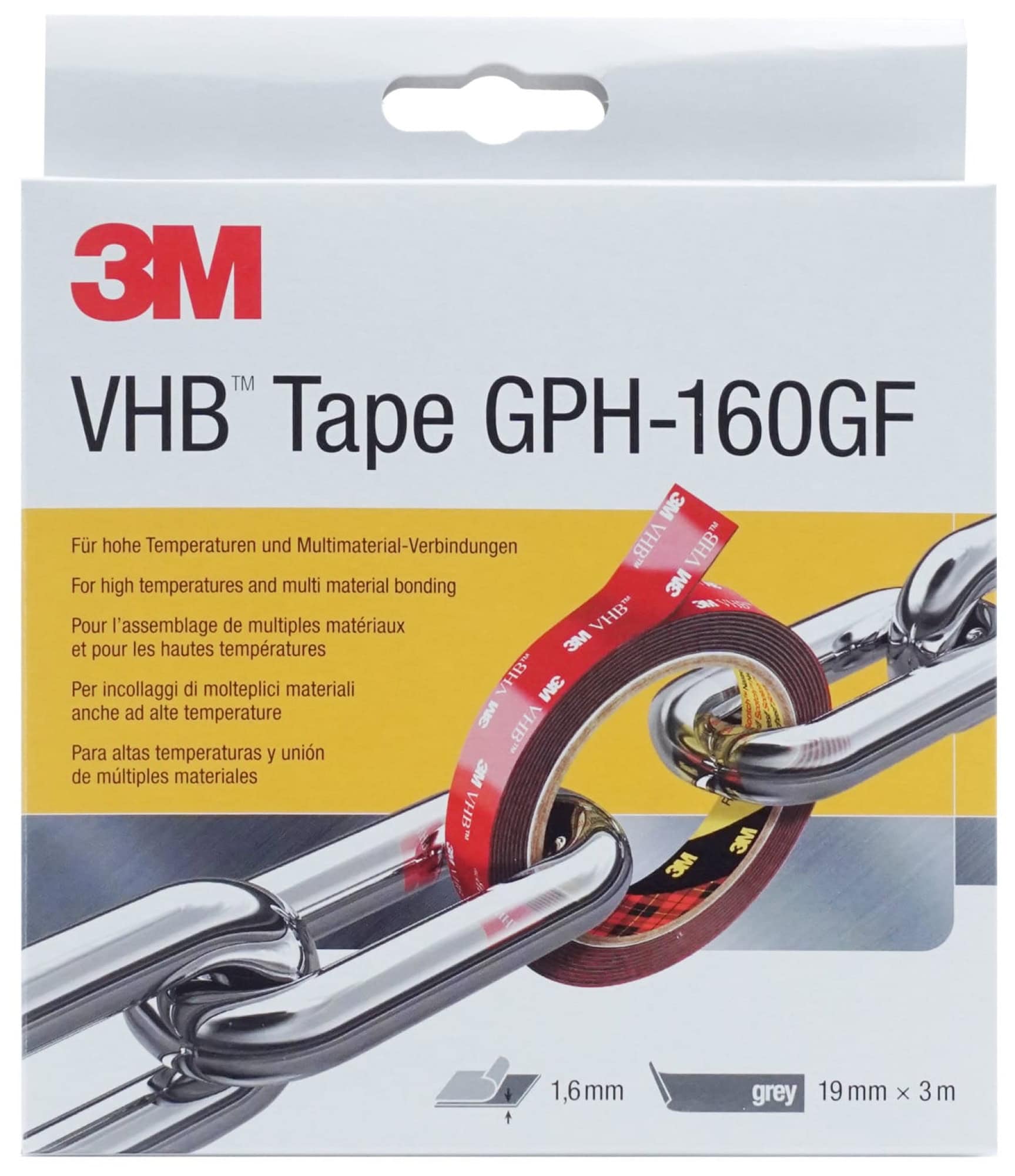 3M™ VHB™ GPH-160GF, 19 mm x 3 m, 1,6 mm, Grau, Folien Abdeckung,  Doppelseitiges Universal Klebeband
