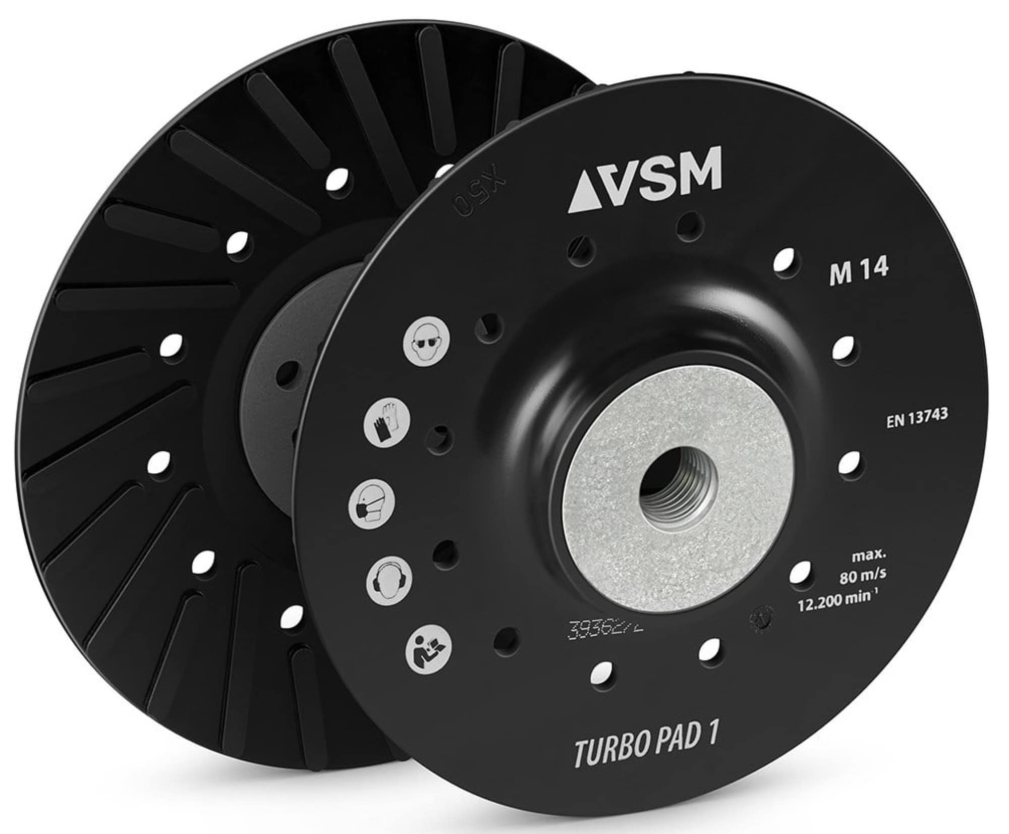 VSM TURBO PAD 1 731306, Ø 180 mm, M14 Gewinde, Schwarz, Hart, Stützteller mit Kühlrippen für Fiberscheibenscheiben mit Ø 22 mm Zentrieransatz für den VSM Winkelschleifer